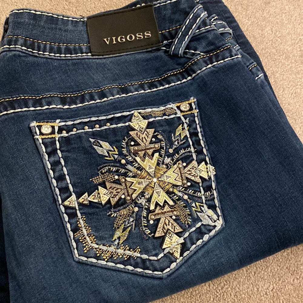 Vigoss-The Chelsea Boot Cut-Size 16-Length 33-Dk Blue-EUC-embellishments intact